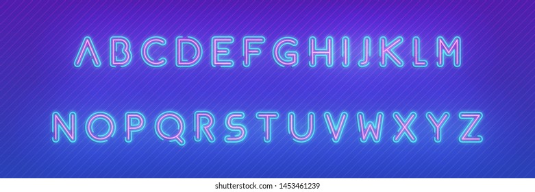 Neon alphabet font. Glowing neon colored 3d modern alphabet typeface