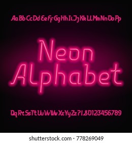 Neon alphabet font. Glowing uppercase and lowercase letters and numbers. Vector typeface for your headers or any typography design.