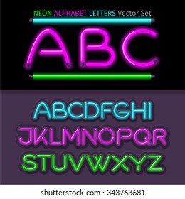 Neon alphabet font letters style flat design. Art text typeset, type abc, typography electricity latin vector illustration