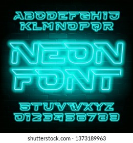 Neon alphabet font. Light bulb futuristic oblique letters and numbers. Stock vector typeface for your typography design.