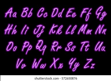 Neon alphabet font in purple small caps