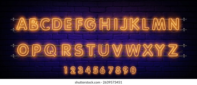 Neon alphabet font. Simple orange neon letters and numbers. Brick wall background. Stock vector typescript for your typography design.