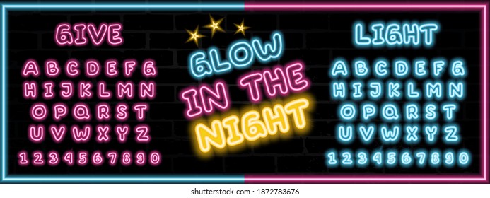 Neon alphabet font. Vector illuminated effect. All numbers also included. Retro style template. Glowing neon script with the English alphabet.