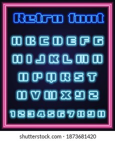 Neon alphabet font. Vector illuminated effect. All numbers also included. Retro style template. Glowing neon script with the English alphabet.