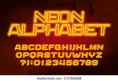 Neon alphabet font. Yellow neon color letters and numbers. Abstract background. Stock vector typescript for your design.