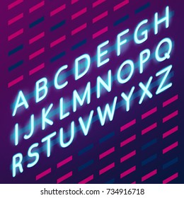 Neon alphabet. Glowing letters set in isometric projection. luminous font