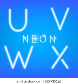 Neon Alphabet. Glowing letters typeset. Neon u, v, w, x