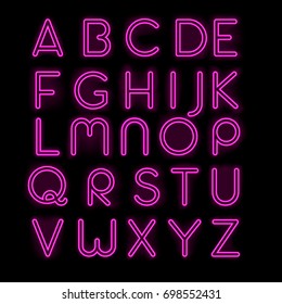 Neon Alphabet Letters. Glowing neon lights vector signs, typeset, letters, font, alphabet