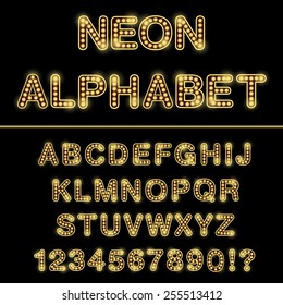 Neon alphabet letters isolated on black background. Font for design. Vector illustration.