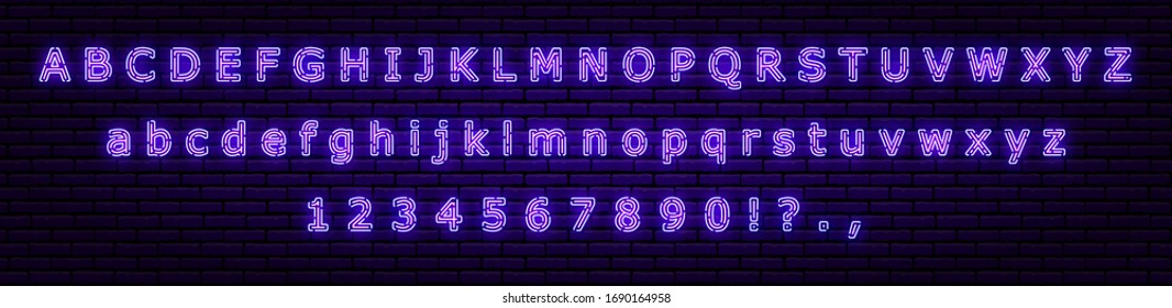 Neon alphabet and numbers, made of dashed lines, with shadow. Each character is isolated. Against the background of a brick wall. For your design, signboards, billboards. Violet and blue colors.