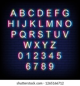 Neon alphabet on brick wall background. Capital letter. Vector Illustration - Vector neon multiple color - Vector