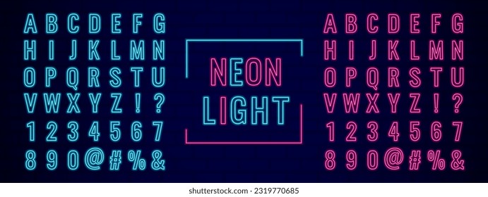 neon alphabet, pink and blue, words, vector font, numbers and symbols, glowing text