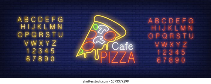 Neon alphabet and pizza slice with Pizza Cafe lettering over brick background. Restaurant, pizzeria, roadside cafe. Advertisement concept. For signboards, template design, banners