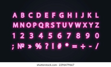 Neon alphabet and punctuation marks in pink on a dark background.