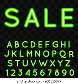 neon alphabet with sale text. Glowing font. Vector illustration