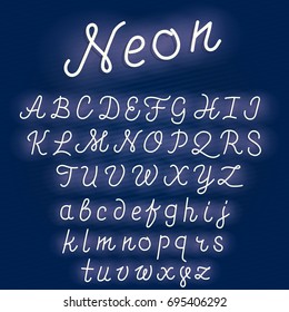 Neon alphabet script font glowing letters set. Retro Character typeset.  vector