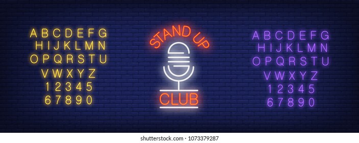 Neon Alphabet And Stand Up Club Lettering With Microphone On Brick Background. Show, Nightclub, Comedy Club. Advertisement Concept. For Signboards, Template Design, Banners