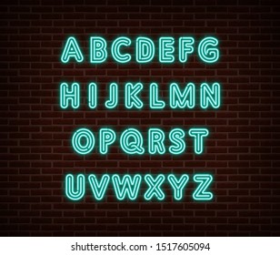 Neon alphabet type font vector isolated on brick wall. ABC typography letters light symbol, decoration text effect. Neon alphabet font illustration.