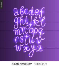 Neon Alphabet - Vector Illustrated Script Font Glowing Letters Set On Violet Purple Background