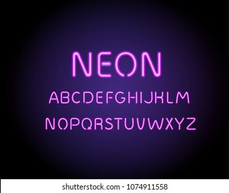 Neon alphabet vector typeset. Bright, light, glowing letters and numbers with colorful shining effect. Font abc characters transparent on dark background illustration