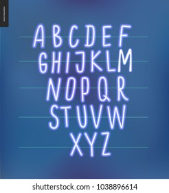 Neon alphabet volume 3 - vector illustrated kids font glowing letters set on blue background