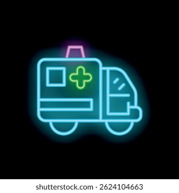 Neon ambulance car glowing on a black brick wall background