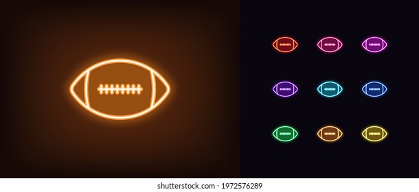 Neon American football icon. Glowing neon rugby ball sign, outline football pictogram in vivid color. Online game, sport match, tournament, live broadcast. Vector icon set, sign, symbol for UI