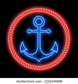 Neon anchor in a rope frame. Blue anchor in red frame on a black background. Isolated In the style of the old school tattoo. Vector illustration.