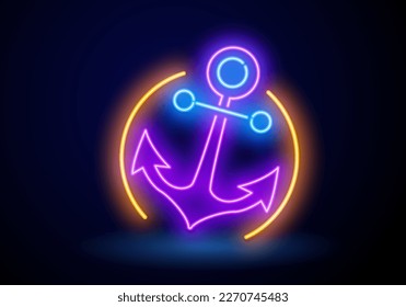 Neon anchor sign. Glowing anchor icon on dark brick wall background. Marine emblem. Stock vector illustration.