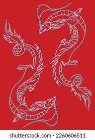 neon ancient dragon illustration on a red background. can be used as a tattoo design. eastern traditional dragon illustration. mythology animal.