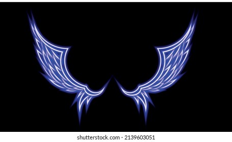 neon angel wings in vector illustration. Neon effect in blue color