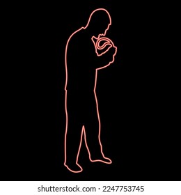 Neon angry man with belt in hand for punishment warns Violence in family concept Abuse idea Domestic trouble Fury male threatening victim Social problem Husband father emotionally aggression against