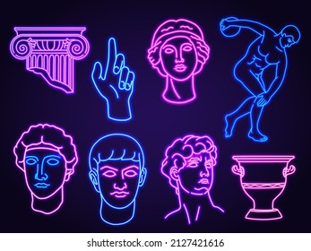 Neon antique greek sculpture and statue outline design. Glowing ancient head, column and vase for creative fashion t shirts print vector set. Illustration of statue greek sculpture