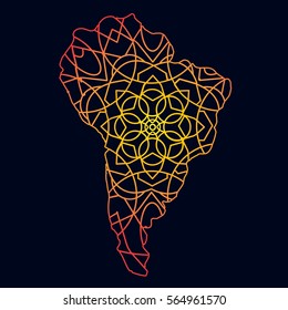 Neon antistress gold ethnic culture map the mosaic of the continent and the mainland of ornament South Latin America. Mandala. Abstract postcard and pattern. Vector on dark background.