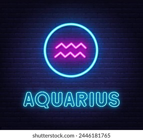 Neon Aquarius Sign on brick wall background.