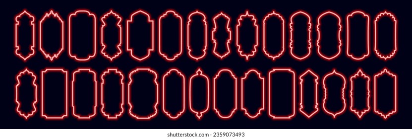 Neon Arab Rahmenset. Glühender arabischer Bogen.  Muslimische Sammlung mit eingeprägter, islamischer Tür und Fenster. Arabianischer Muskelbogen Design-Element. Islamische Illustration.