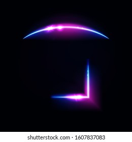 Neon arc and angle, glowing lines, neon lights sign, frame, elements. Vector abstract background. Glow outline shape or laser lines.