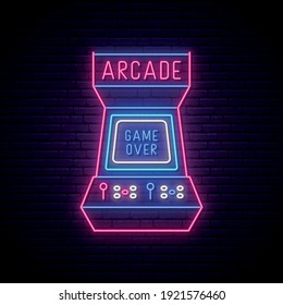 Neon arcade game machine sign . Glowing entertainment emblem, bright advertising banner. Arcade game neon signboard. Vector illustration.