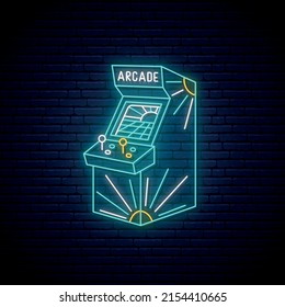 Signo de máquina de juegos de arcade Neon. Emblema de juegos de arcade brillante, banner publicitario brillante. Cartel de neón retro. Ilustración vectorial.