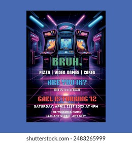  Neon Arcade Video Games Birthday Invitation