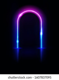 Neon arch. Frame, tunnel or portal. Neon lights. Vector abstract background. Geometric glow outline arc shape or laser glowing lines. Abstract background. Virtual reality.