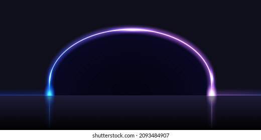 Neon arch gate. Purple and blue glowing neon light, portal to open space, magic fantasy or techno futuristic design element. Dark blue night background. vector illustration