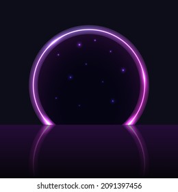 Neon arch gate, purple glowing portal to galaxy pace. Light glow effect, round neon door opening with starry night sky. Magic or techno futuristic portal on dark background. vector illustration