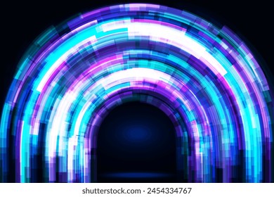 Neon arch gates. Abstract vector futuristic shining background in the form of curved blue and purple stripes. Techno glowing gate portal with arch. Cyberpunk background with galaxy space light effect.