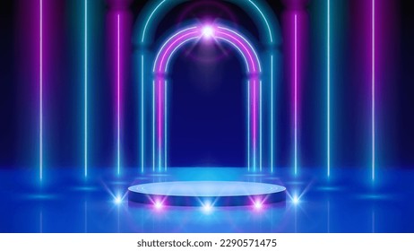 Neon arch, podium, led arcade, stage light. Spotlight, lines. Background, backdrop for displaying products. Blue pink purple neon glowing arch, perspective. Bright stage light. Vector illustration