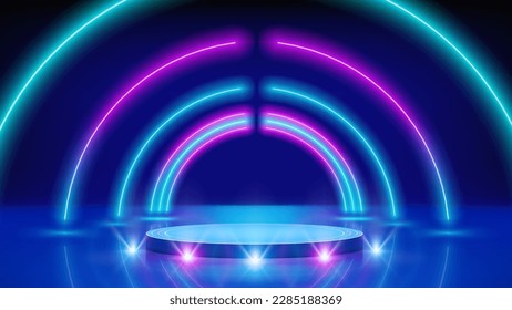 Neon arch, podium, stage light, led arcade. Background, backdrop for displaying products. Blue pink purple neon glowing arch, perspective. Spotlight, lines. Bright stage light. Vector illustration