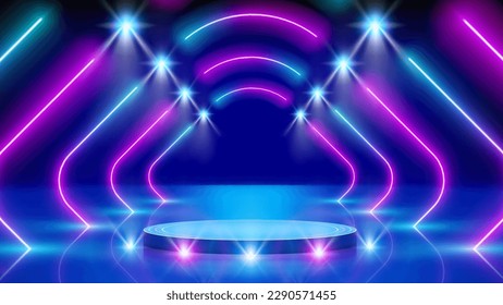 Neon arch, podium, stage light, led arcade. Background, backdrop for displaying products. Pink blue purple glowing neon arch, perspective. Spotlight, lines. Bright stage light. Vector illustration