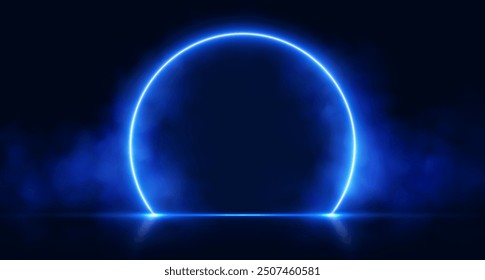 Arco de neón con humo, portal azul brillante, puerta de círculo futurista, escenario mágico con vapor. Ilustración vectorial.