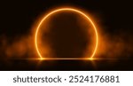 Neon arch with smoke, orange glowing portal, futuristic circle gate, magic stage with vapor. Vector illustration.