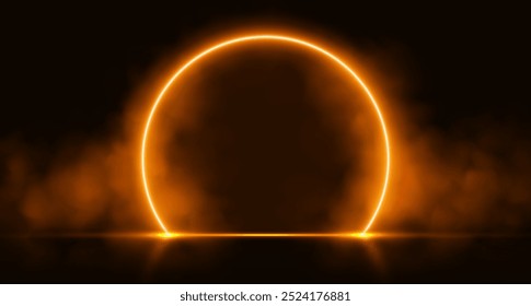 Neon arch with smoke, orange glowing portal, futuristic circle gate, magic stage with vapor. Vector illustration.